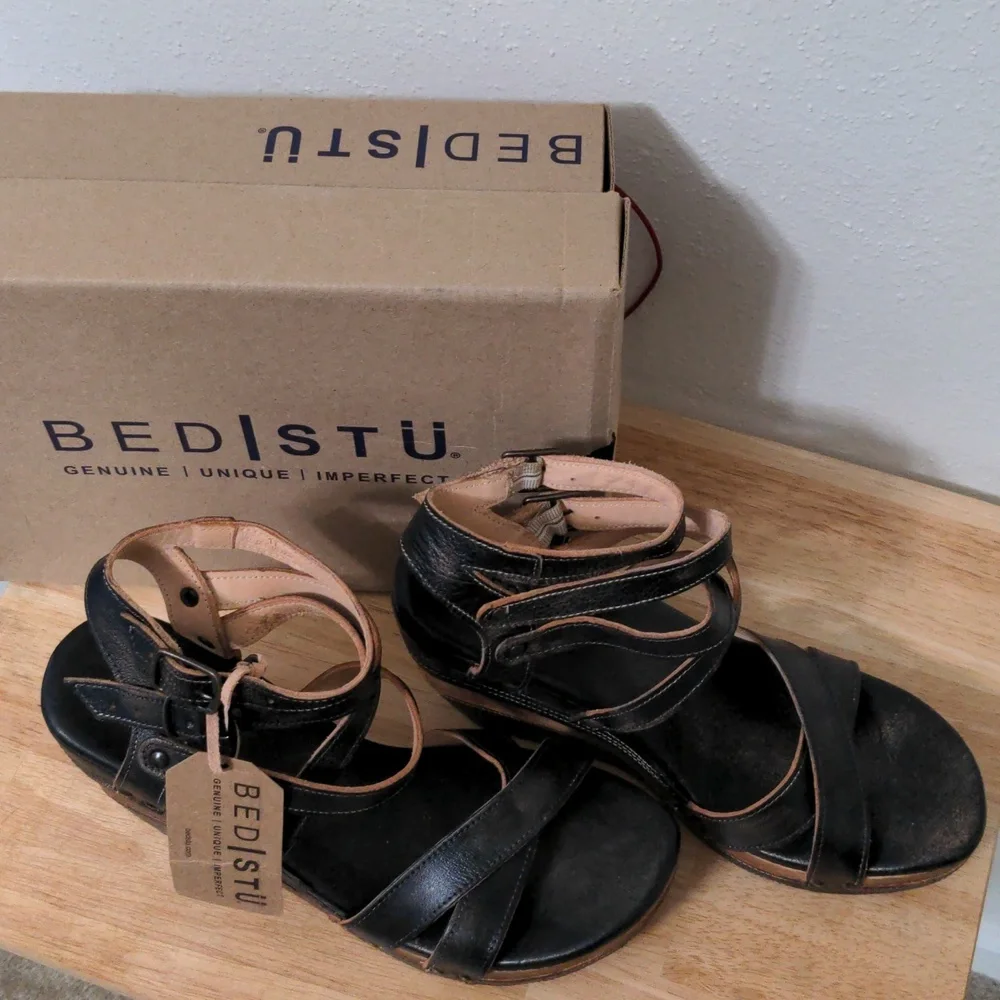 BedStu Juliana Black Leather Platform Wedge Sandals sz 11 New w Box - Picture 7 of 12